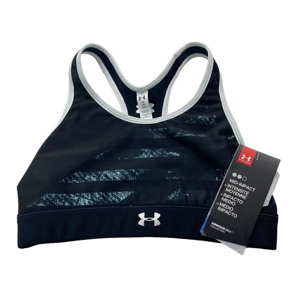 Under Armour Sports Bra XS Black Logo Print Mid Impact Compression Racerback NWT - Picture 1 of 14